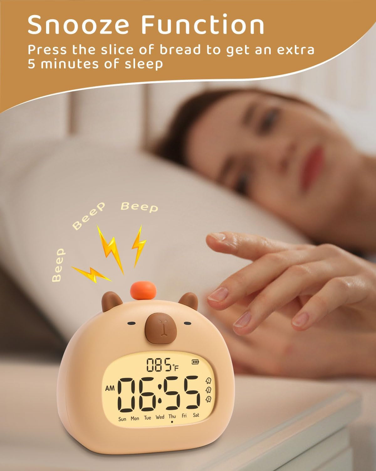 Capibara Sveglia Bambini, Comodino Con Luce Notturna, Display Digitale LED 3,15 Pollici, Tre Allarme, Modalità Weekend, Data, Ora, Temperatura, Ricaricabile, Decorazione Cameretta per Bebè