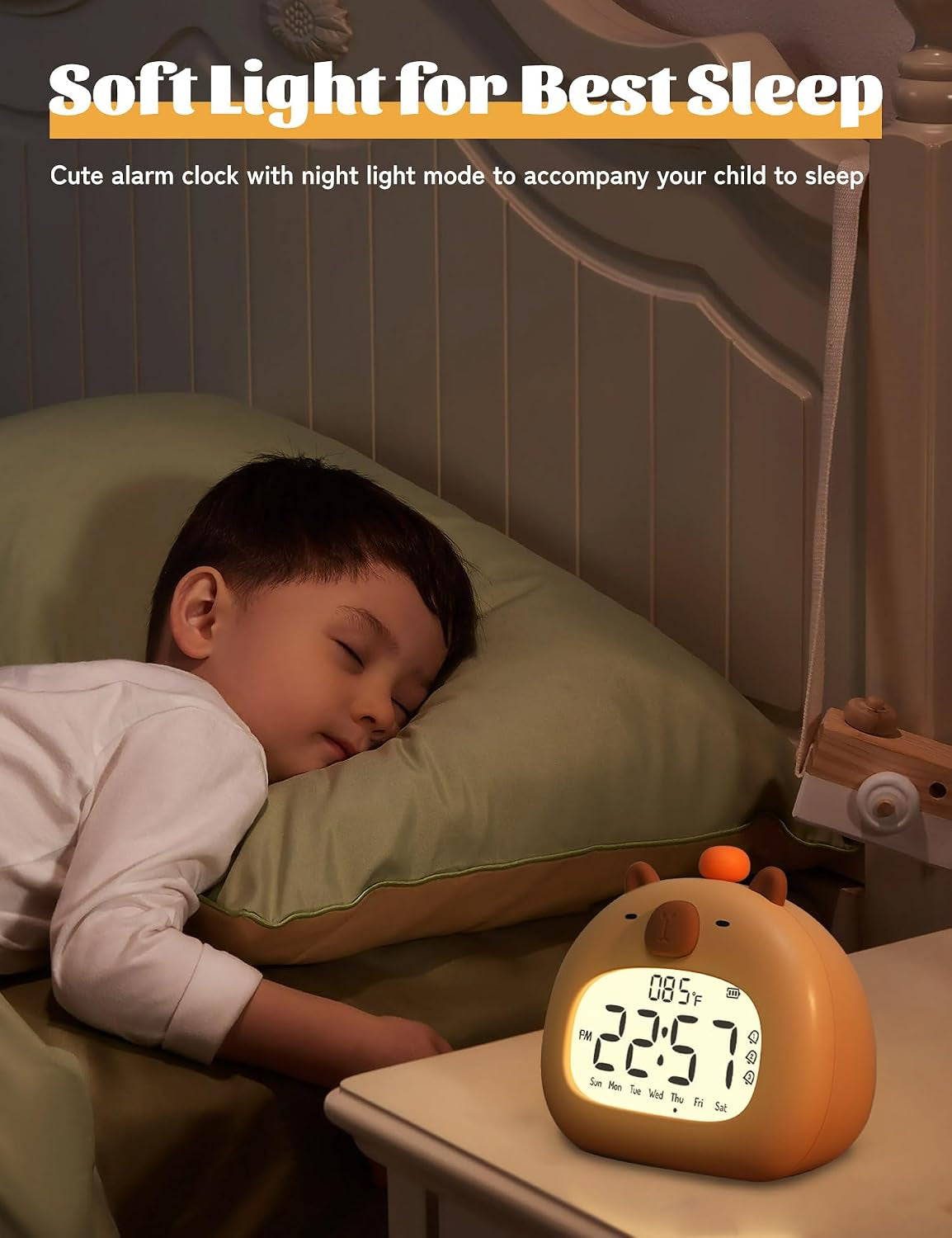 Capibara Sveglia Bambini, Comodino Con Luce Notturna, Display Digitale LED 3,15 Pollici, Tre Allarme, Modalità Weekend, Data, Ora, Temperatura, Ricaricabile, Decorazione Cameretta per Bebè