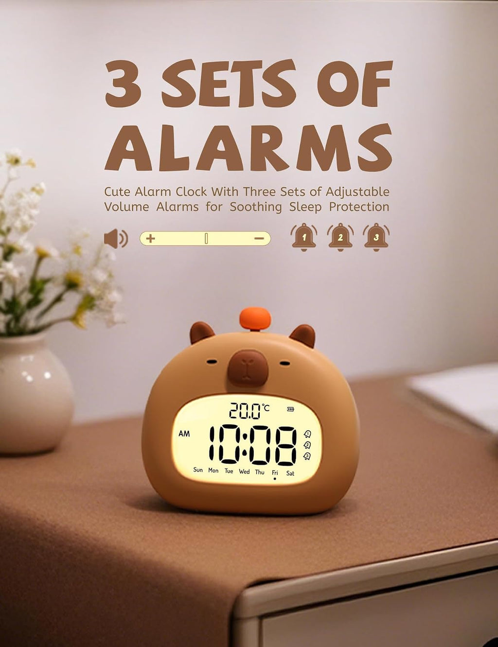 Capibara Sveglia Bambini, Comodino Con Luce Notturna, Display Digitale LED 3,15 Pollici, Tre Allarme, Modalità Weekend, Data, Ora, Temperatura, Ricaricabile, Decorazione Cameretta per Bebè