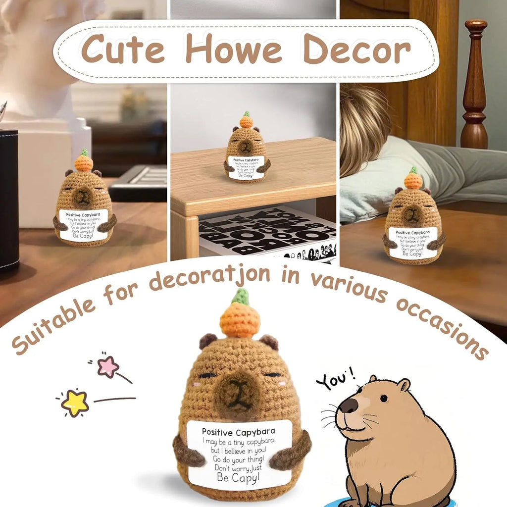 Positive Crochet Animals Capybara Doll with Card Desktop Ornament Handmade Knitted Cheer up Capybara Doll Home Room Decoration