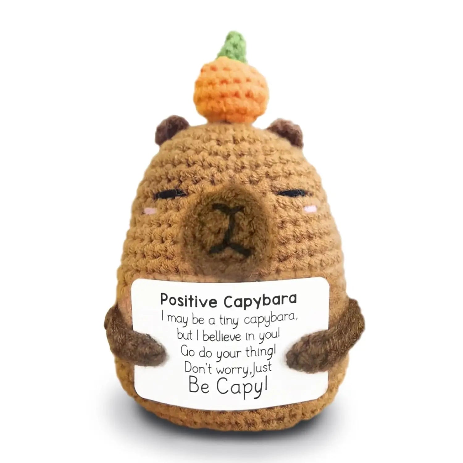 Positive Crochet Animals Capybara Doll with Card Desktop Ornament Handmade Knitted Cheer up Capybara Doll Home Room Decoration