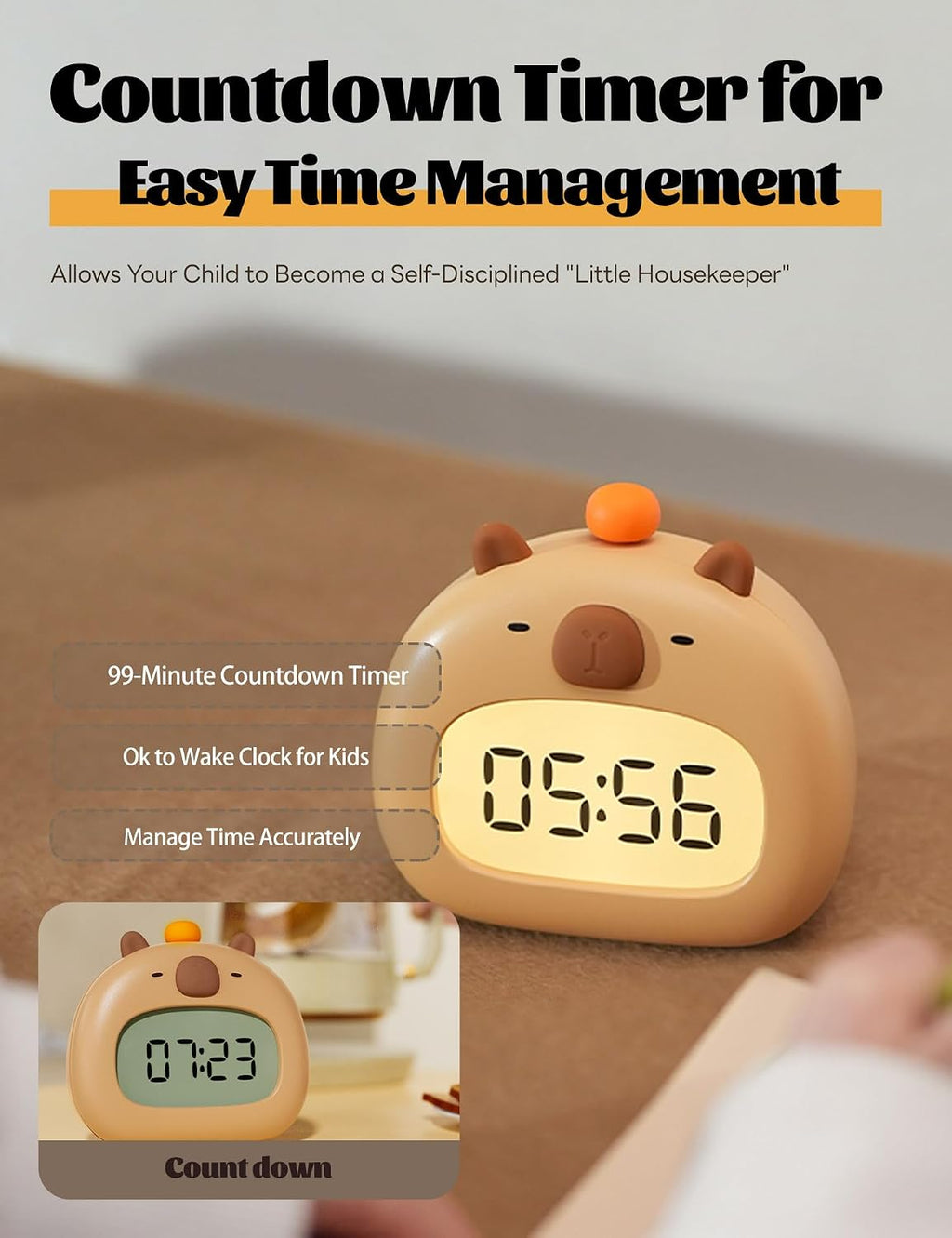 Capibara Sveglia Bambini, Comodino Con Luce Notturna, Display Digitale LED 3,15 Pollici, Tre Allarme, Modalità Weekend, Data, Ora, Temperatura, Ricaricabile, Decorazione Cameretta per Bebè