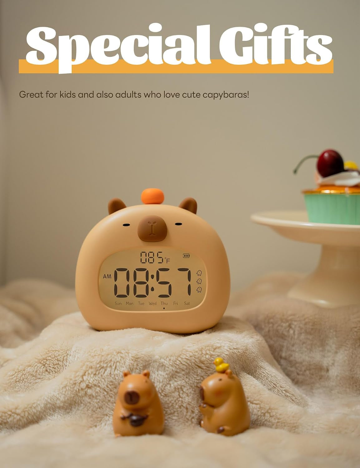 Capibara Sveglia Bambini, Comodino Con Luce Notturna, Display Digitale LED 3,15 Pollici, Tre Allarme, Modalità Weekend, Data, Ora, Temperatura, Ricaricabile, Decorazione Cameretta per Bebè