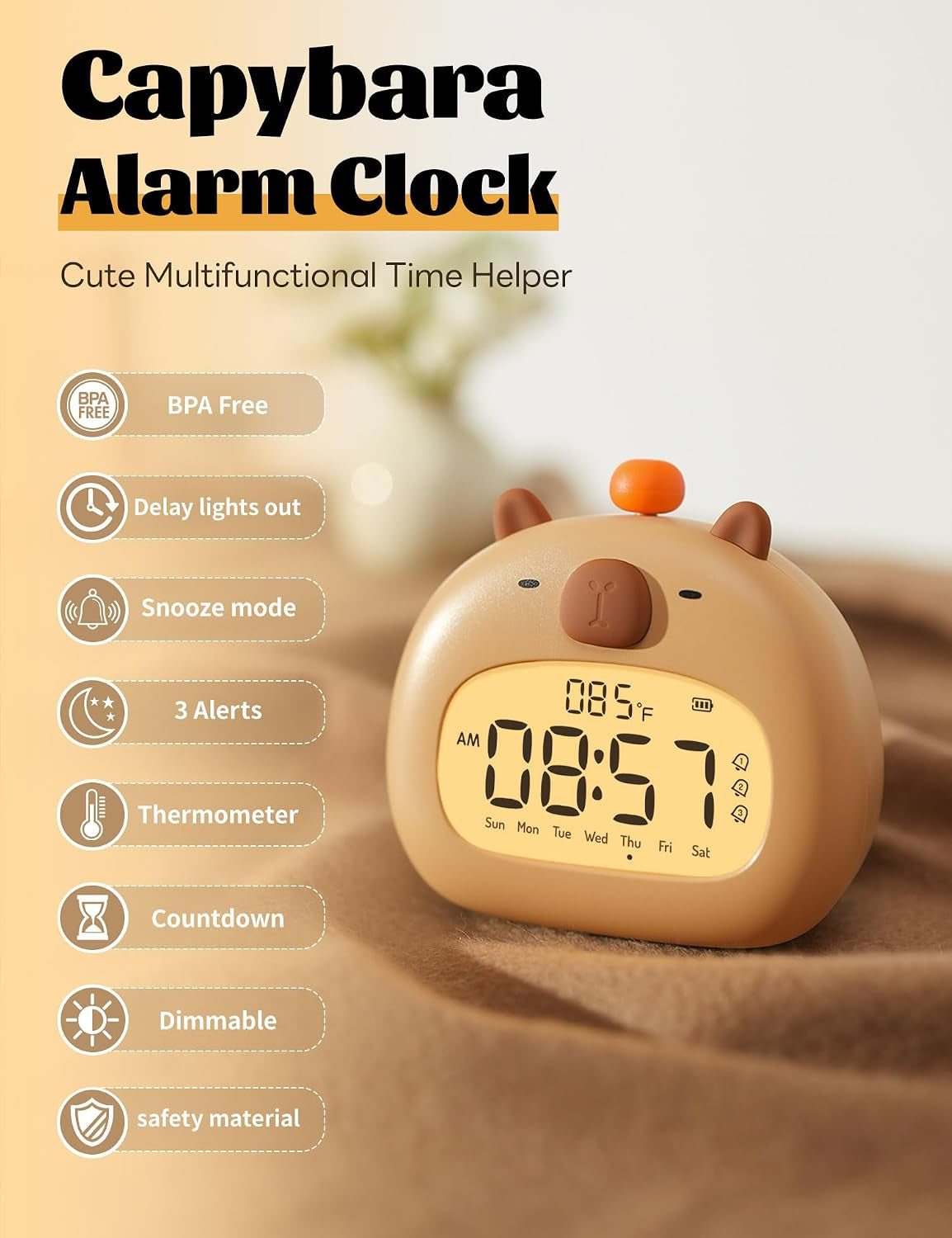 Capibara Sveglia Bambini, Comodino Con Luce Notturna, Display Digitale LED 3,15 Pollici, Tre Allarme, Modalità Weekend, Data, Ora, Temperatura, Ricaricabile, Decorazione Cameretta per Bebè