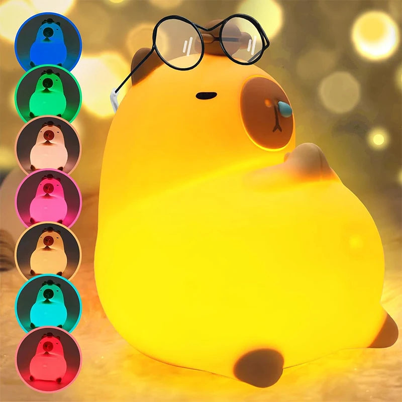 Capybara Night Light, Nursery Lamp, 7-Color RGB & 3-Level Warm Dimmable, Tap Control, 30Min Timer, 100% Safe &Soft Silicone