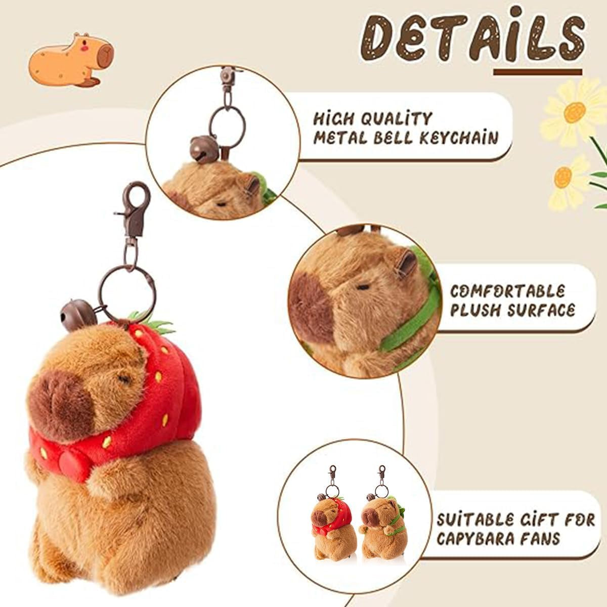 Capybara Peluche Portachiavi,2 Pezzi Peluche Capibara Con Fragola Zaino Tartaruga Giocattolo Realistico Capybara,Portachiavi Capibara Gadget per Ragazzi E Ragazze