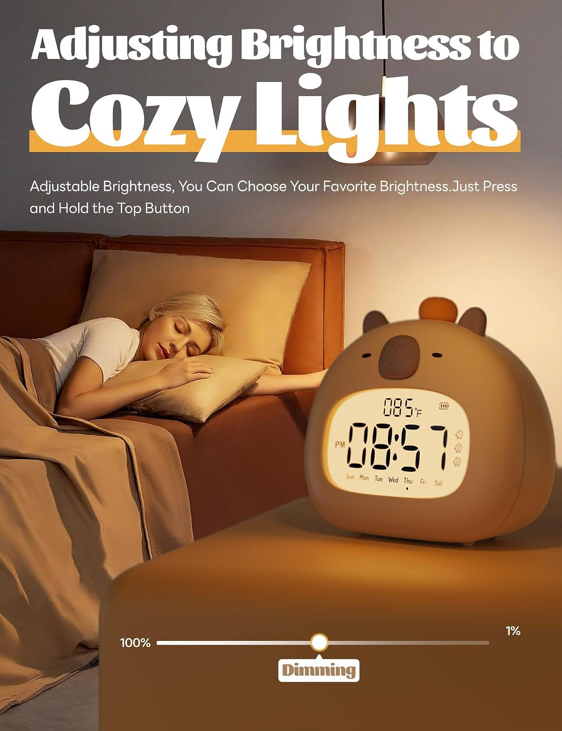 Capibara Sveglia Bambini, Comodino Con Luce Notturna, Display Digitale LED 3,15 Pollici, Tre Allarme, Modalità Weekend, Data, Ora, Temperatura, Ricaricabile, Decorazione Cameretta per Bebè